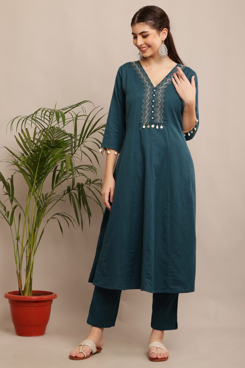 Teal A-Line Embroidered Kurta Set - Image 5