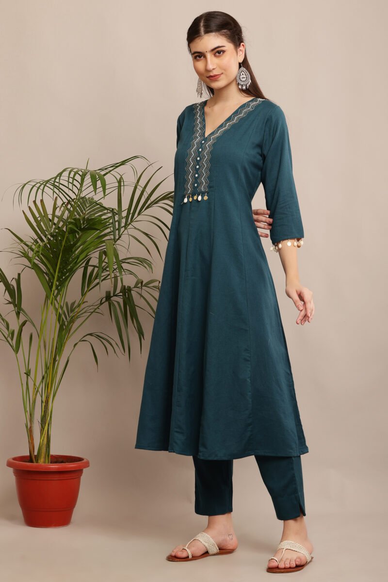 Teal A-Line Embroidered Kurta Set - Image 4