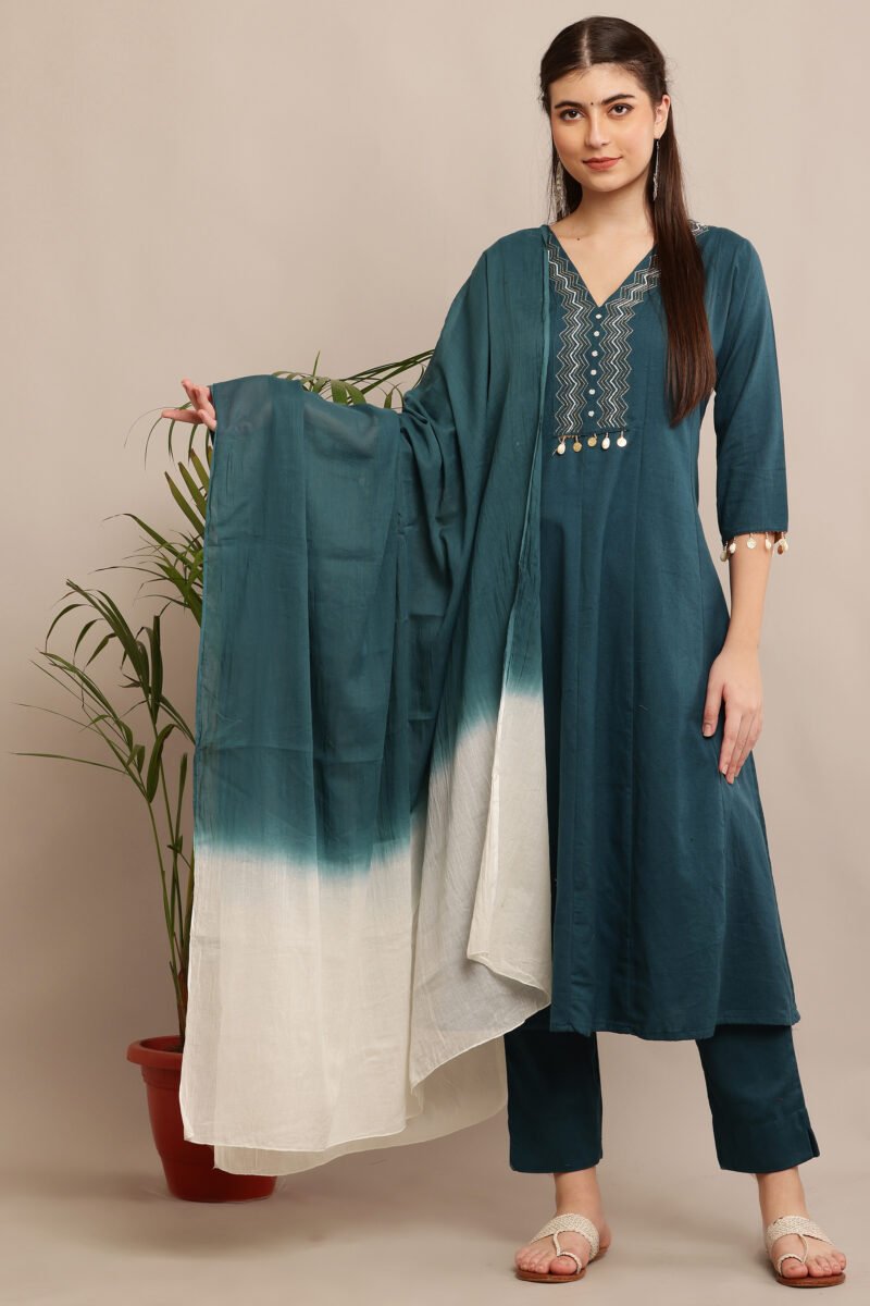 Teal A-Line Embroidered Kurta Set