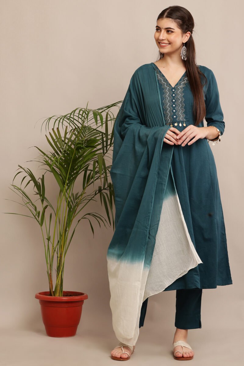 Teal A-Line Embroidered Kurta Set - Image 3