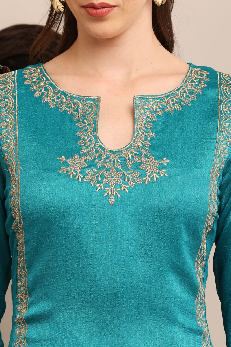 Teal Blue Embroidered Straight Suit Set - Image 2