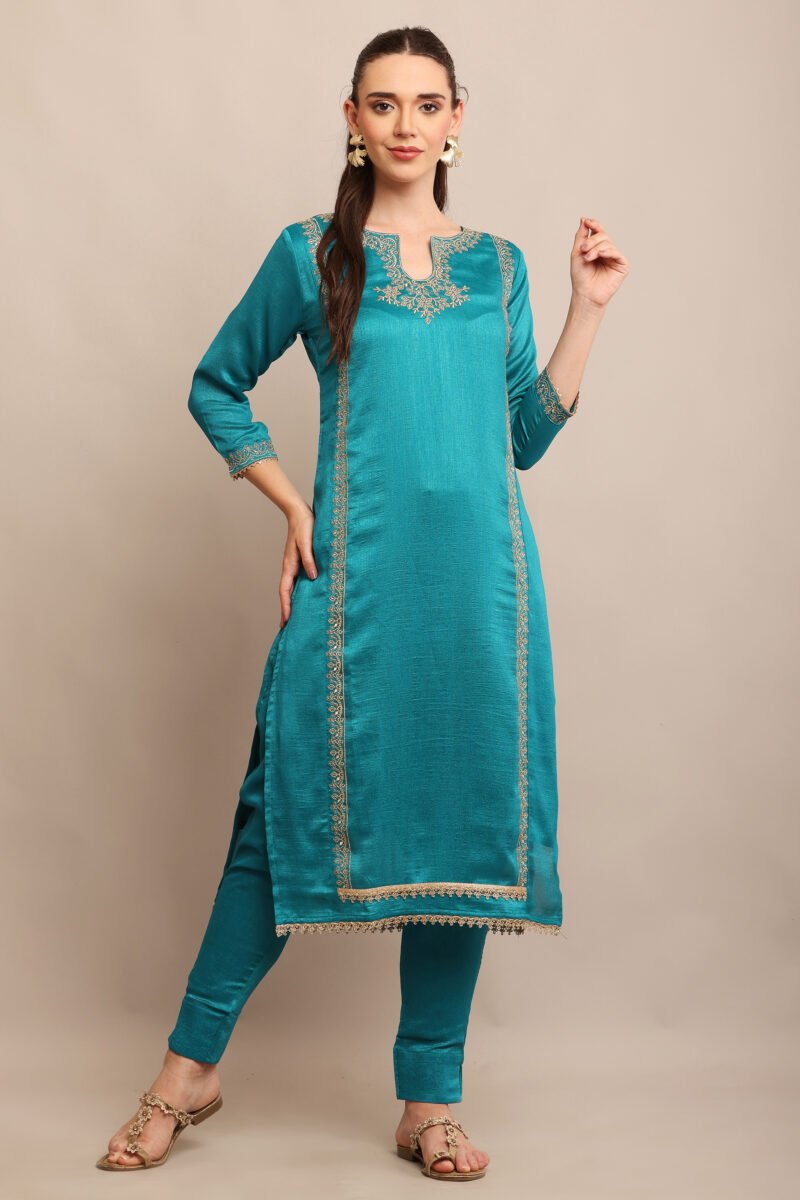 Teal Blue Embroidered Straight Suit Set - Image 4