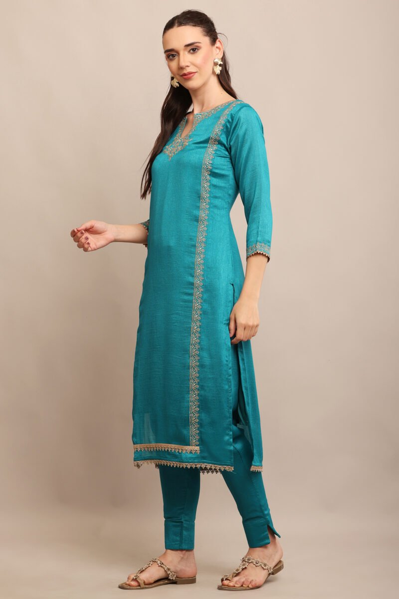 Teal Blue Embroidered Straight Suit Set - Image 5