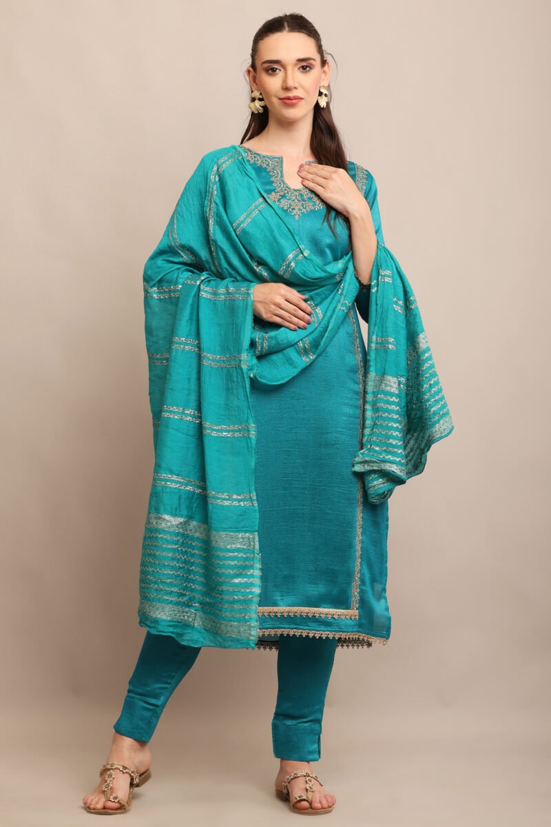 Teal Blue Embroidered Straight Suit Set - Image 3