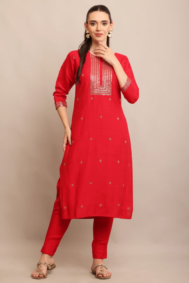 Serene Red Embroidered Straight Suit Set - Image 3