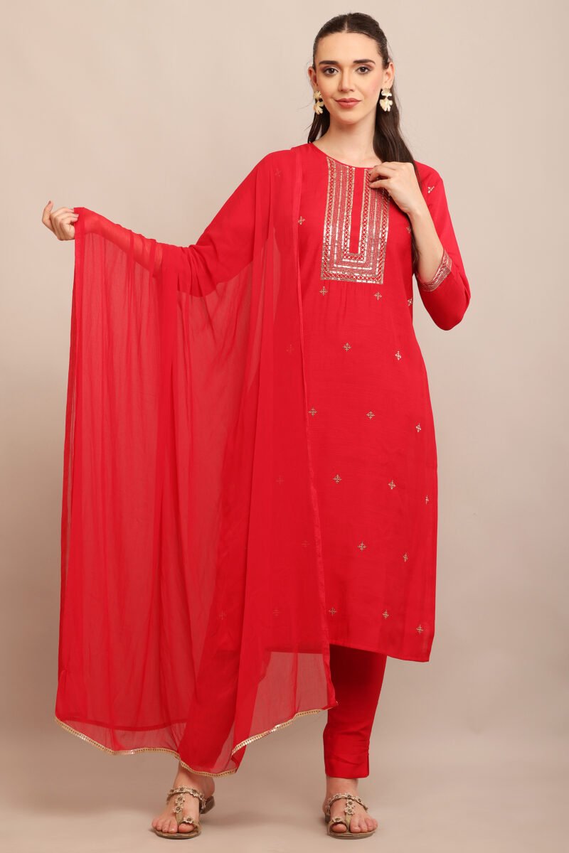 Serene Red Embroidered Straight Suit Set - Image 4