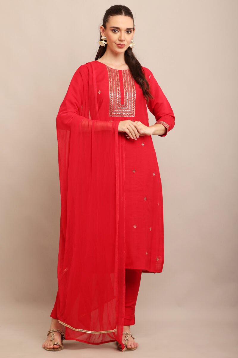 Serene Red Embroidered Straight Suit Set