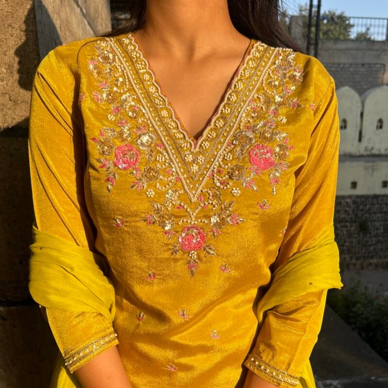 Yellow V Neck Embroidered Straight Suit Set - Image 3