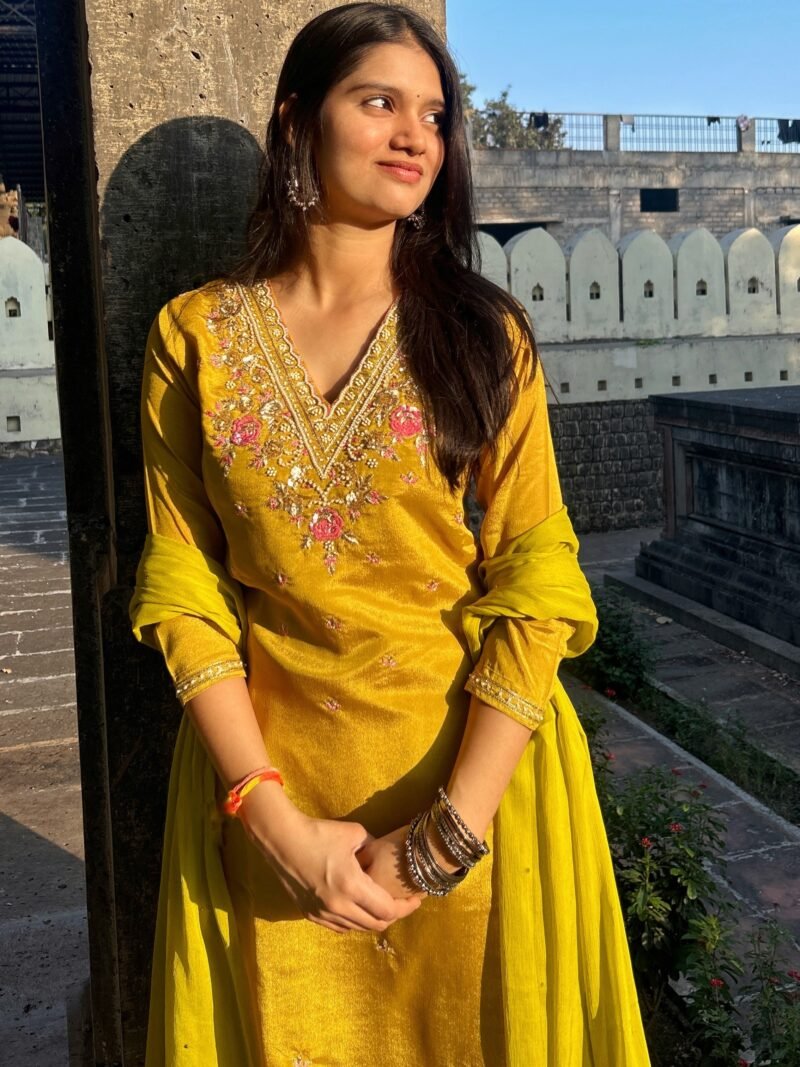 Yellow V Neck Embroidered Straight Suit Set