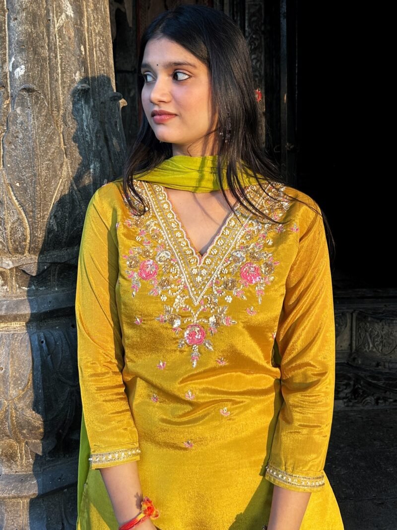 Yellow V Neck Embroidered Straight Suit Set - Image 6