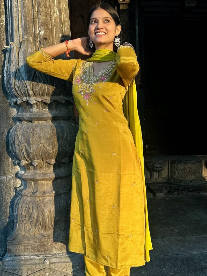 Yellow V Neck Embroidered Straight Suit Set - Image 2