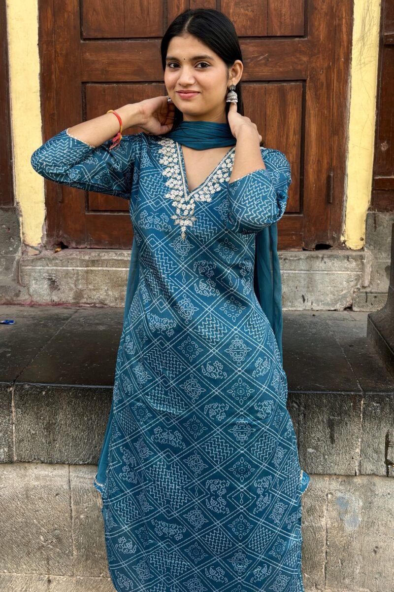 Teal Blue V-Neck Embroidered Bandhej Straight Suit Set - Image 6