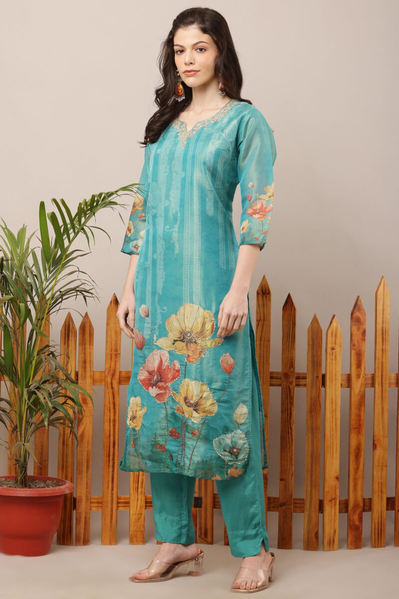 Sea Green Tissue Shimmer Floral Suit Set - Image 3