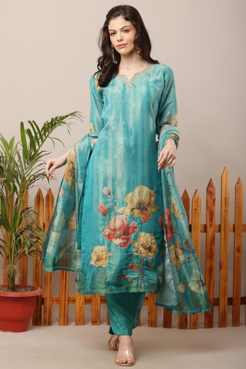 Sea Green Tissue Shimmer Floral Suit Set