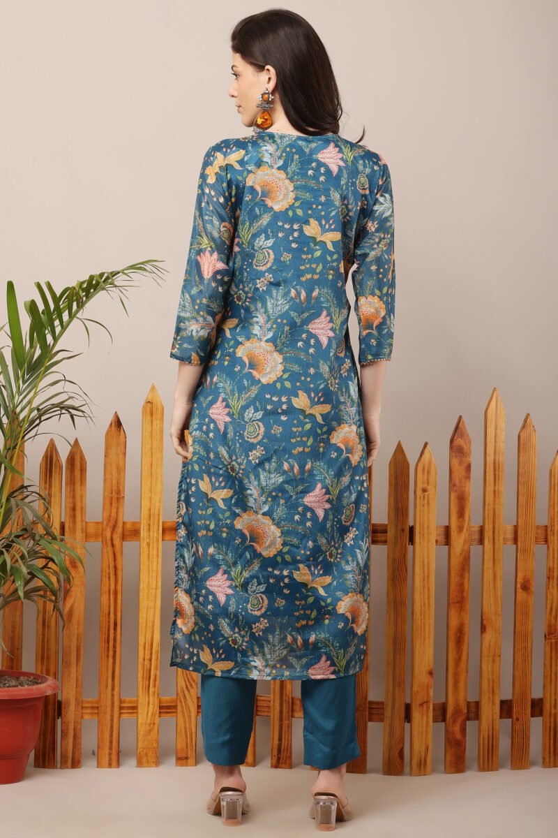 Teal Blue V-Neck Embroidered Floral Straight Suit Set - Image 2