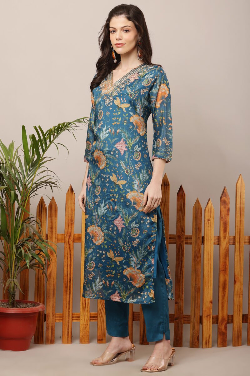 Teal Blue V-Neck Embroidered Floral Straight Suit Set - Image 3