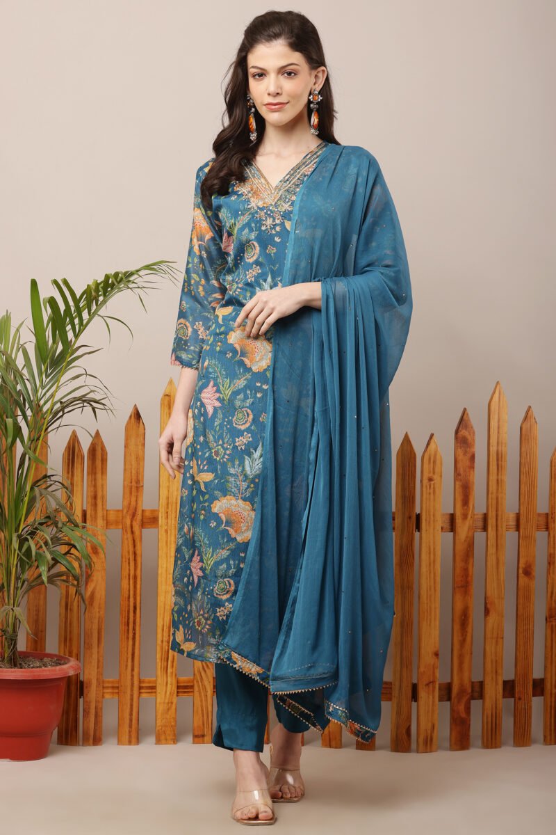 Teal Blue V-Neck Embroidered Floral Straight Suit Set