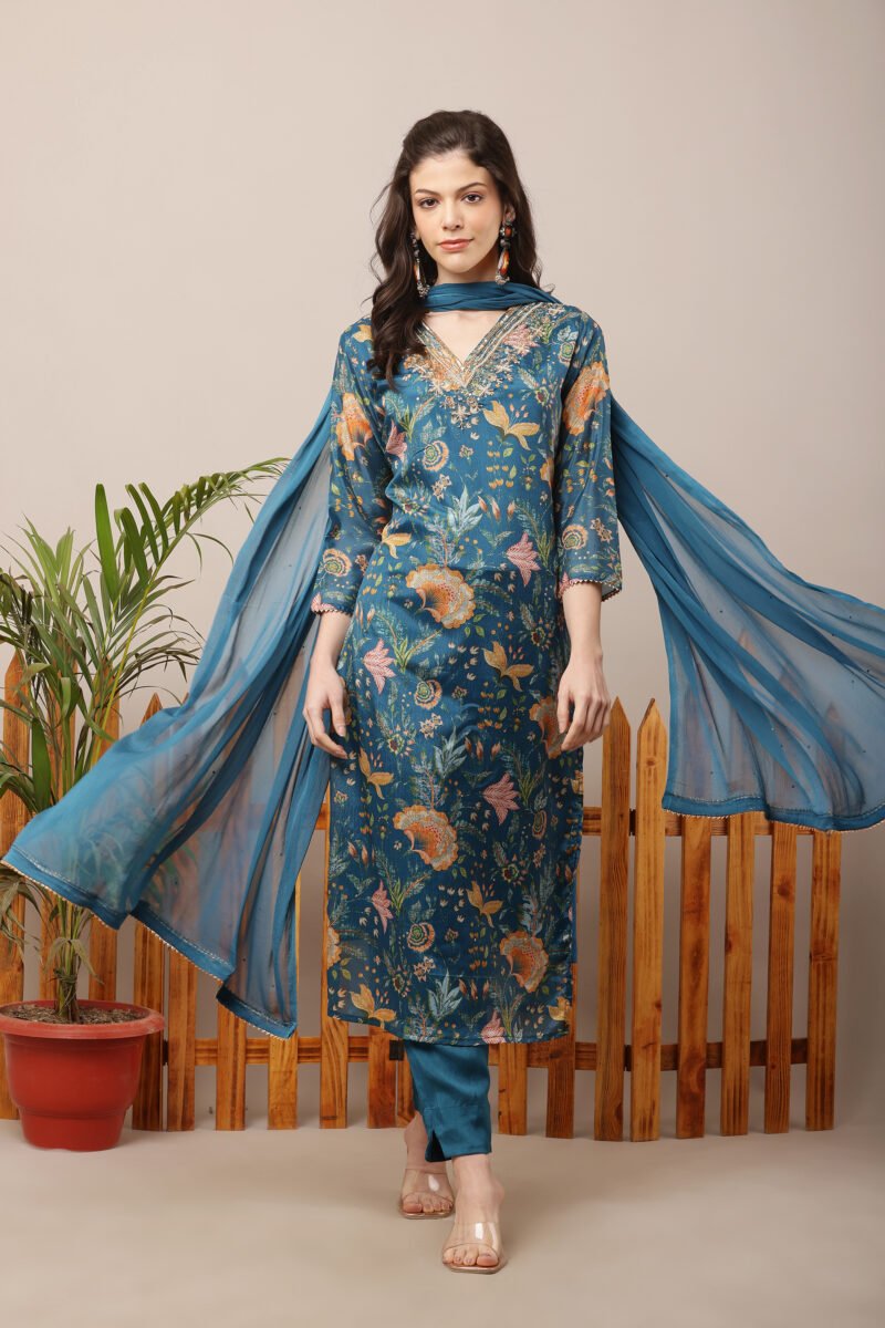 Teal Blue V-Neck Embroidered Floral Straight Suit Set - Image 4