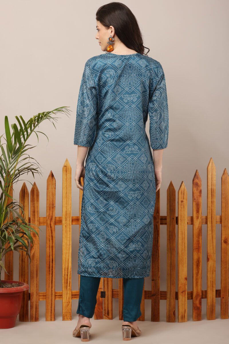 Teal Blue V-Neck Embroidered Bandhej Straight Suit Set - Image 2