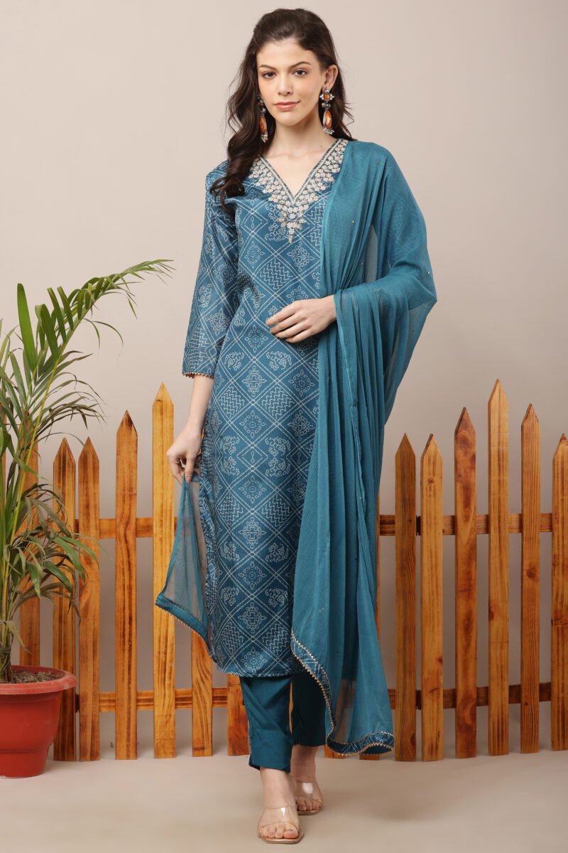 Teal Blue V-Neck Embroidered Bandhej Straight Suit Set