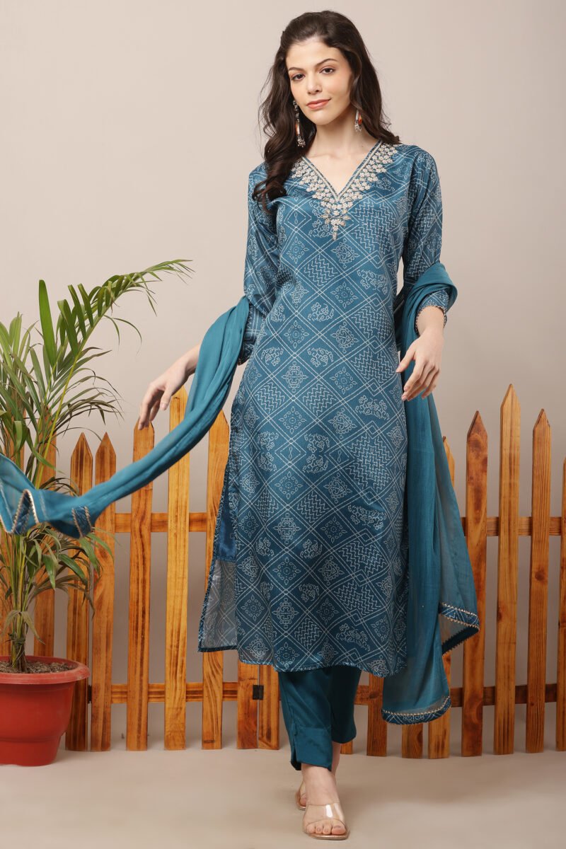 Teal Blue V-Neck Embroidered Bandhej Straight Suit Set - Image 4