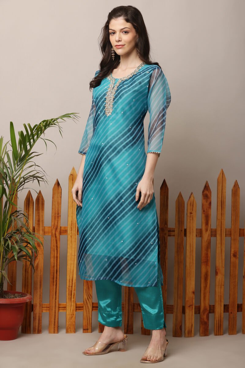 Blue Organza Leheria Straight Suit Set - Image 5