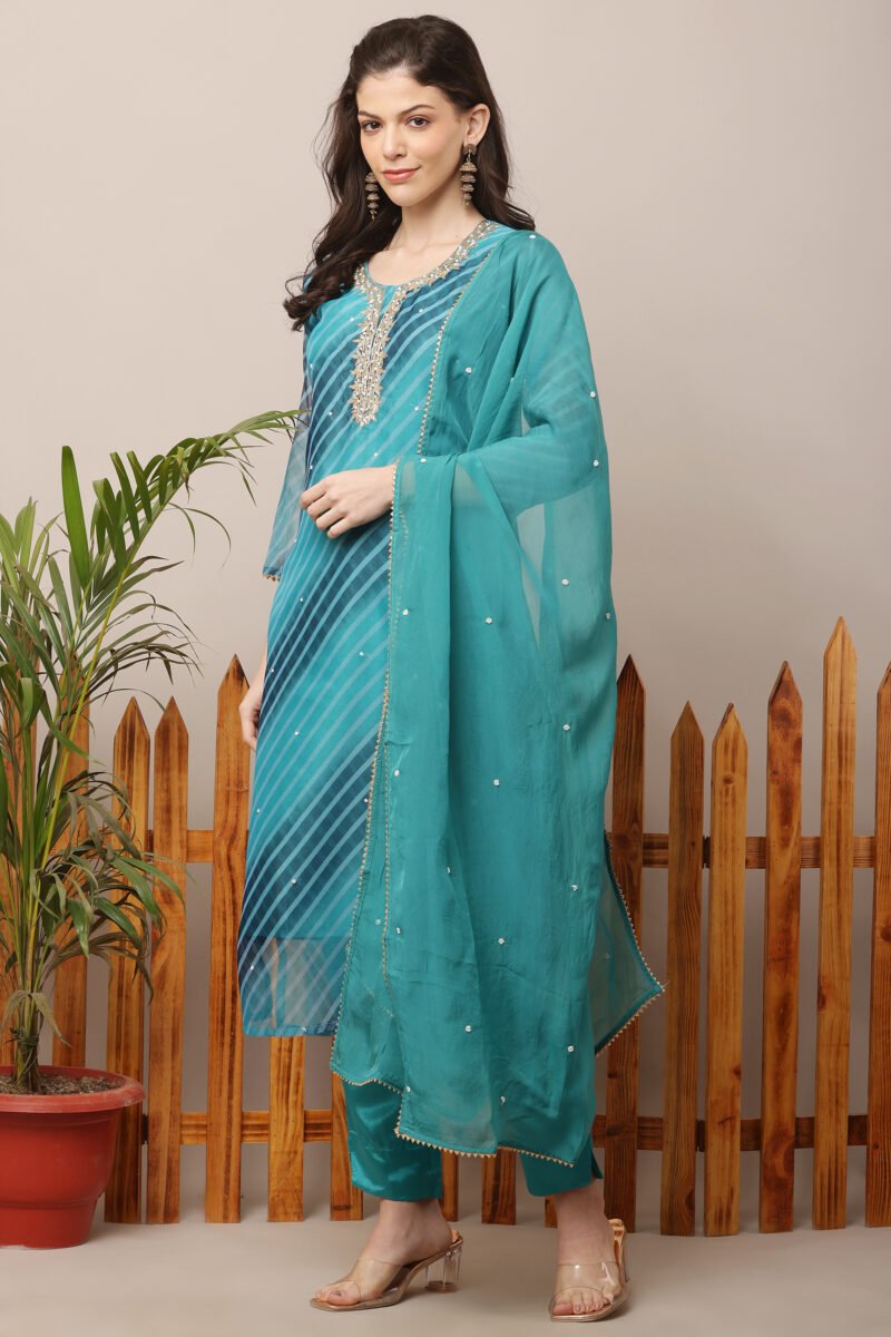 Blue Organza Leheria Straight Suit Set - Image 3