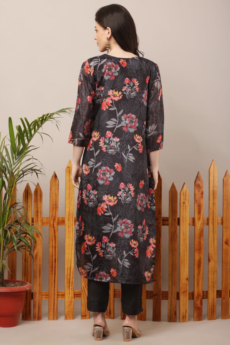 Black V Neck Floral Straight Suit Set - Image 4