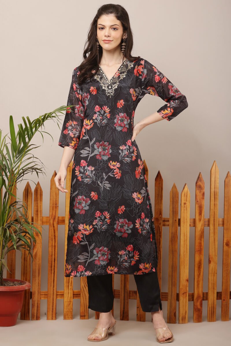 Black V Neck Floral Straight Suit Set - Image 3