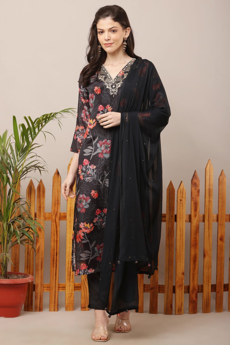 Black V Neck Floral Straight Suit Set - Image 2