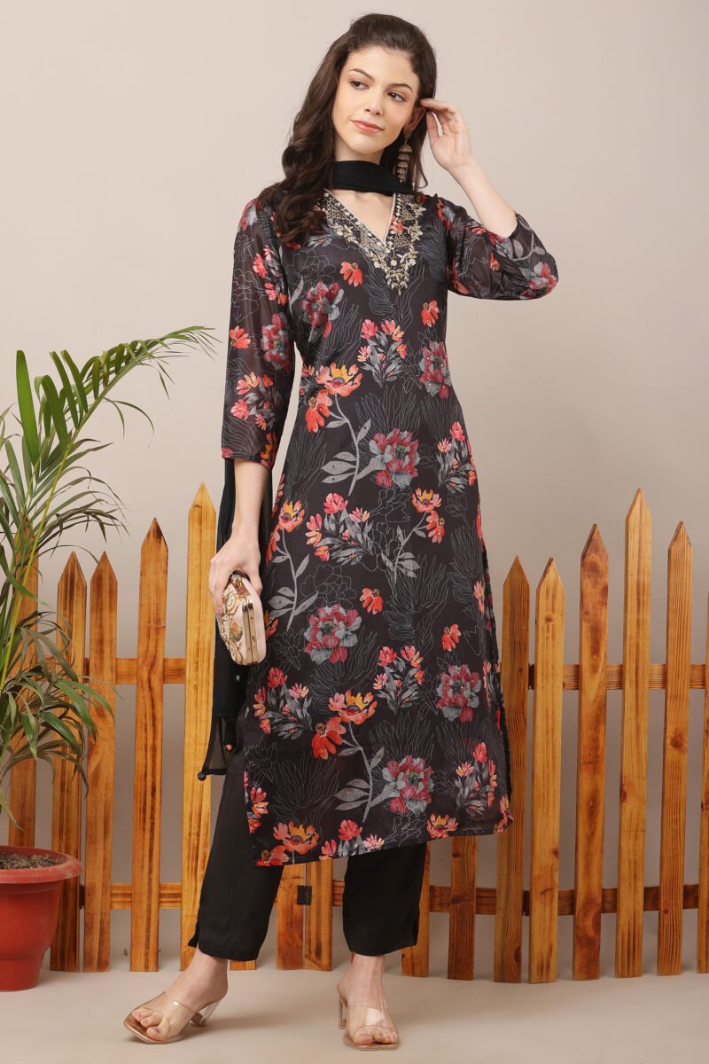 Black V Neck Floral Straight Suit Set