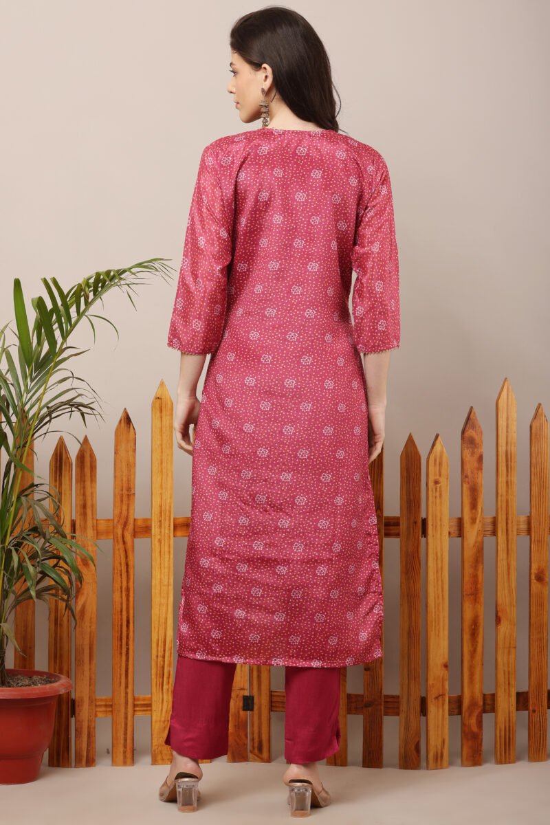 Pink Bandhej V Neck Embroidered Straight Suit Set - Image 3