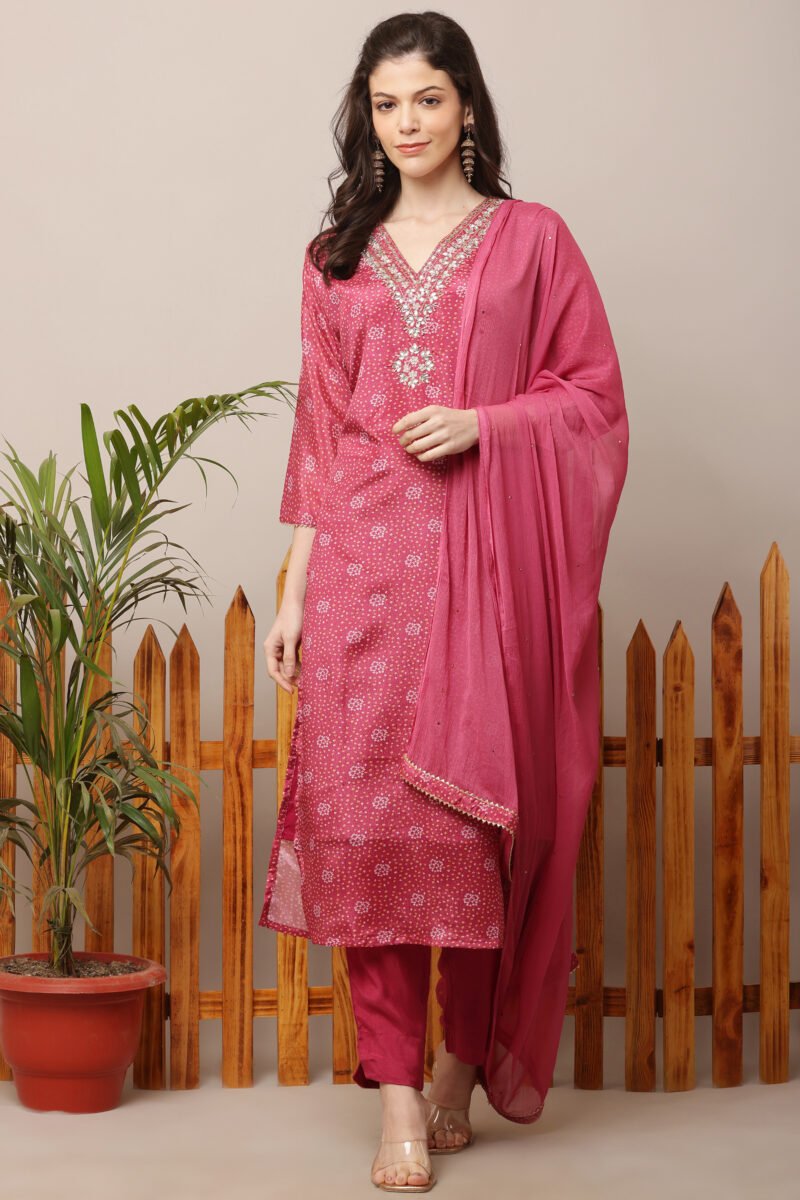 Pink Bandhej V Neck Embroidered Straight Suit Set - Image 6