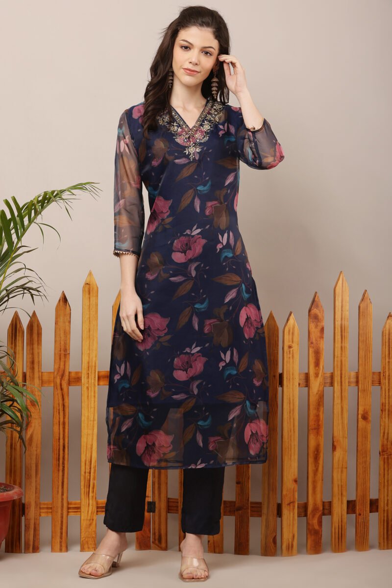 Navy Blue Floral Organza Straight Suit Set - Image 3