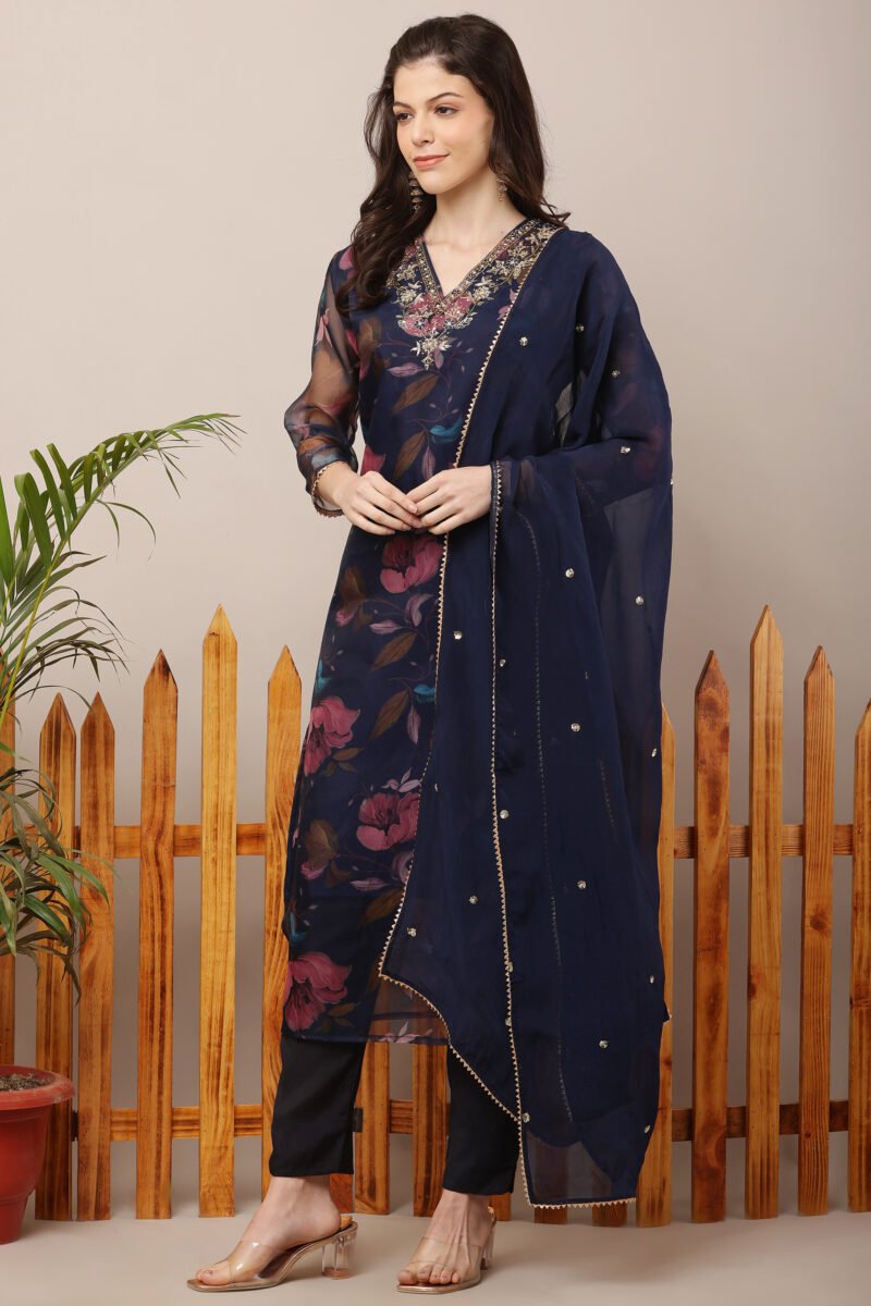 Navy Blue Floral Organza Straight Suit Set - Image 4